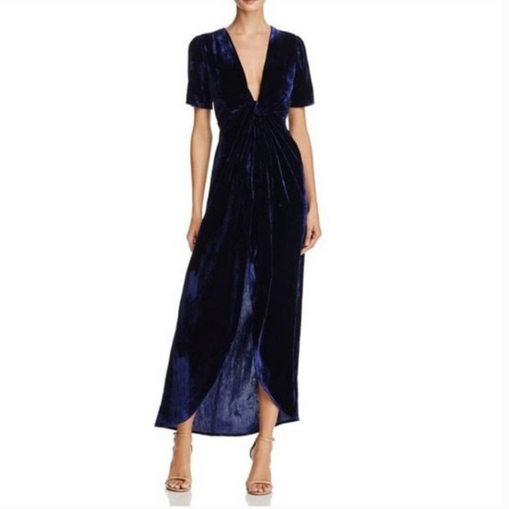 J.O.A. Sz XS Women's Blue Deep‎ Vneck Velvet Front Slit Hi Low Maxi Dress
